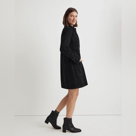 NWT Madewell Long Sleeve Denim Popover Mini Shirtdress in Clean Black Wash - Picture 2 of 10